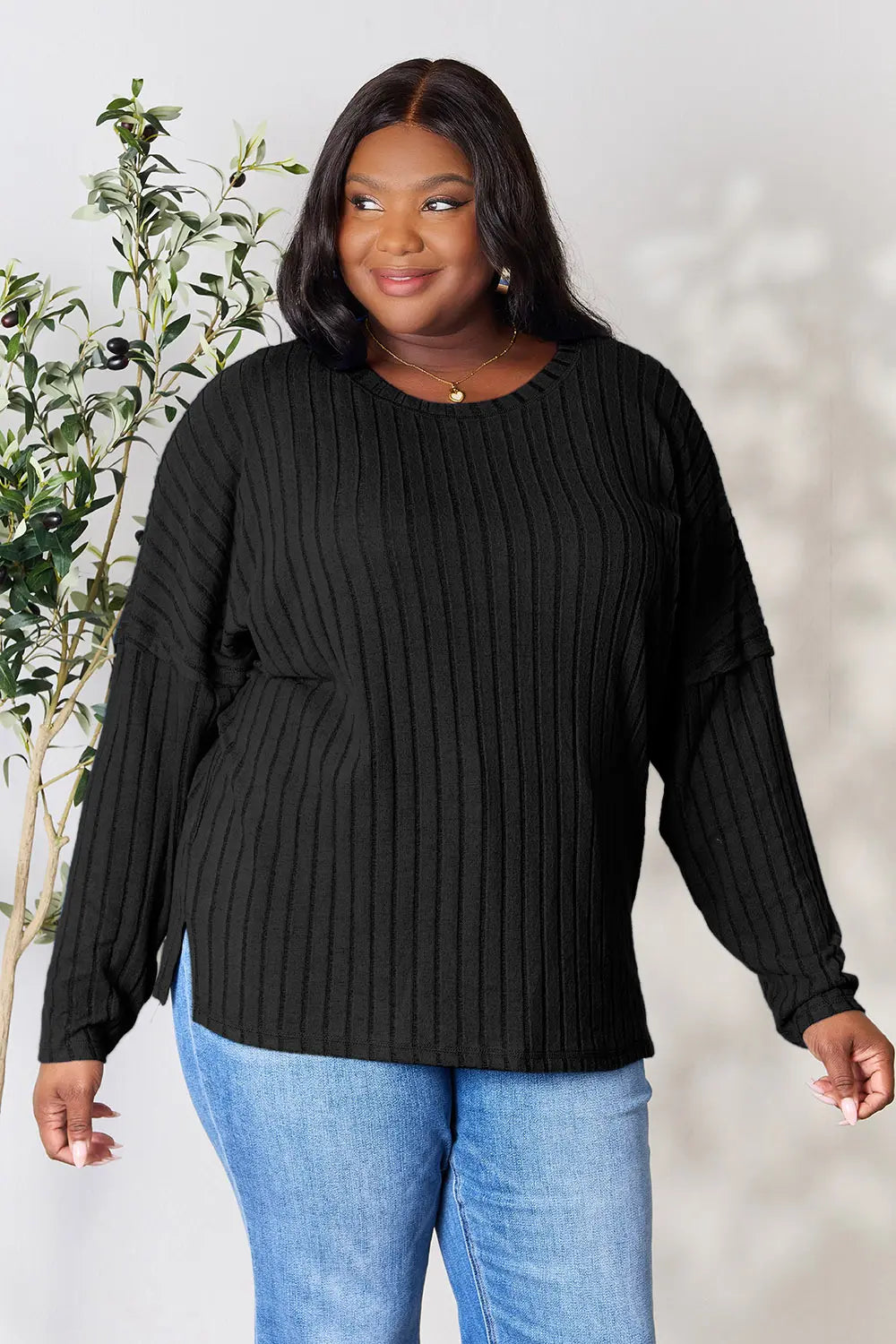 Basic Bae Full Size Ribbed Round Neck Slit Knit Top - LoveNest Treasures