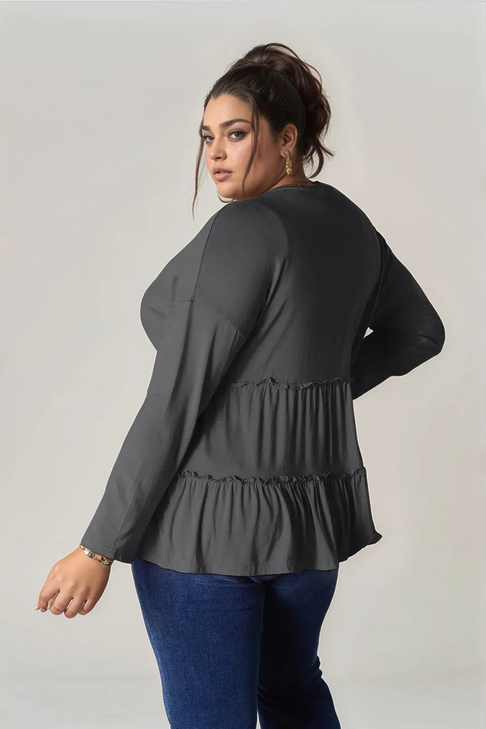 Double Take Half Button Long Sleeve Ruffle Hem Blouse - LoveNest Treasures