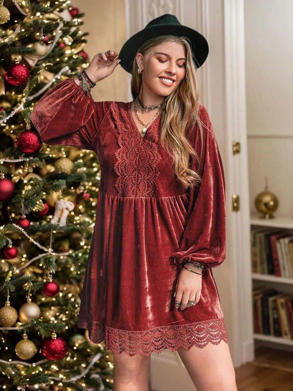 Plus Size Lace Detail V-Neck Long Sleeve Mini Dress - LoveNest Treasures