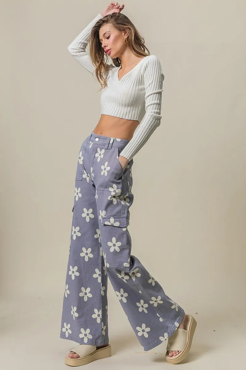 BiBi Flower Printed Side Pocket Wide Pants - LoveNest Treasures