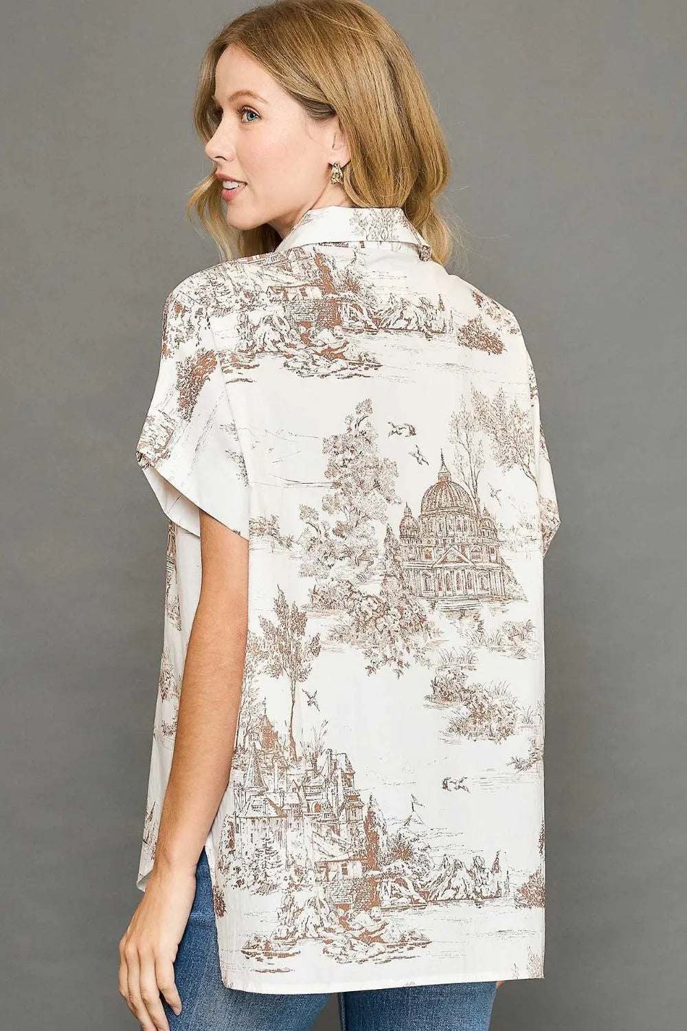 Umgee Full Size Two Tone Print Button Up Short Sleeve Shirt Plus Size - LoveNest Treasures