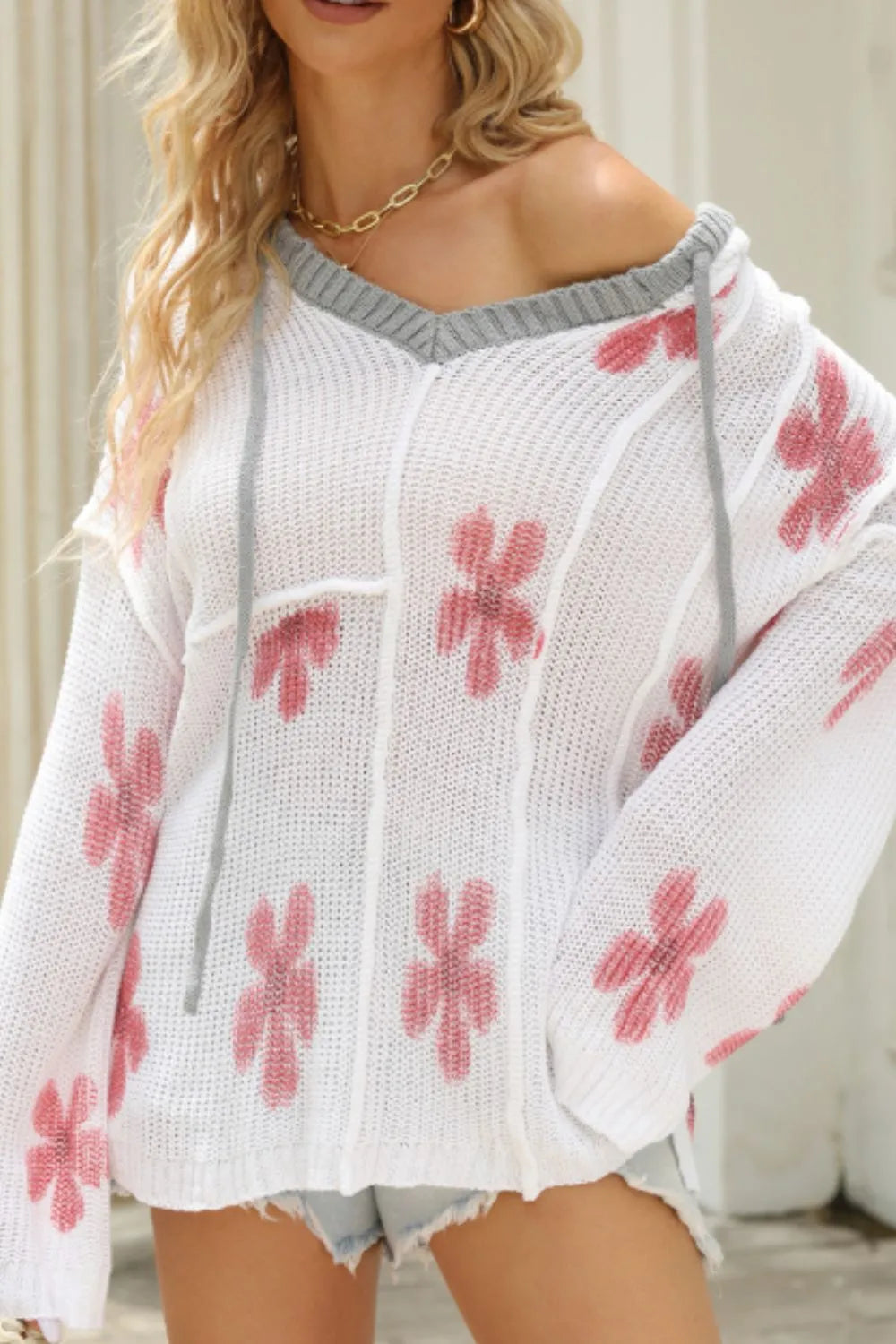 Drawstring Flower Hooded Knit Top - LoveNest Treasures