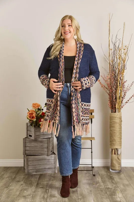 ADORA Full Size Fringe Hem Aztec Border Cardigan Plus Size - LoveNest Treasures