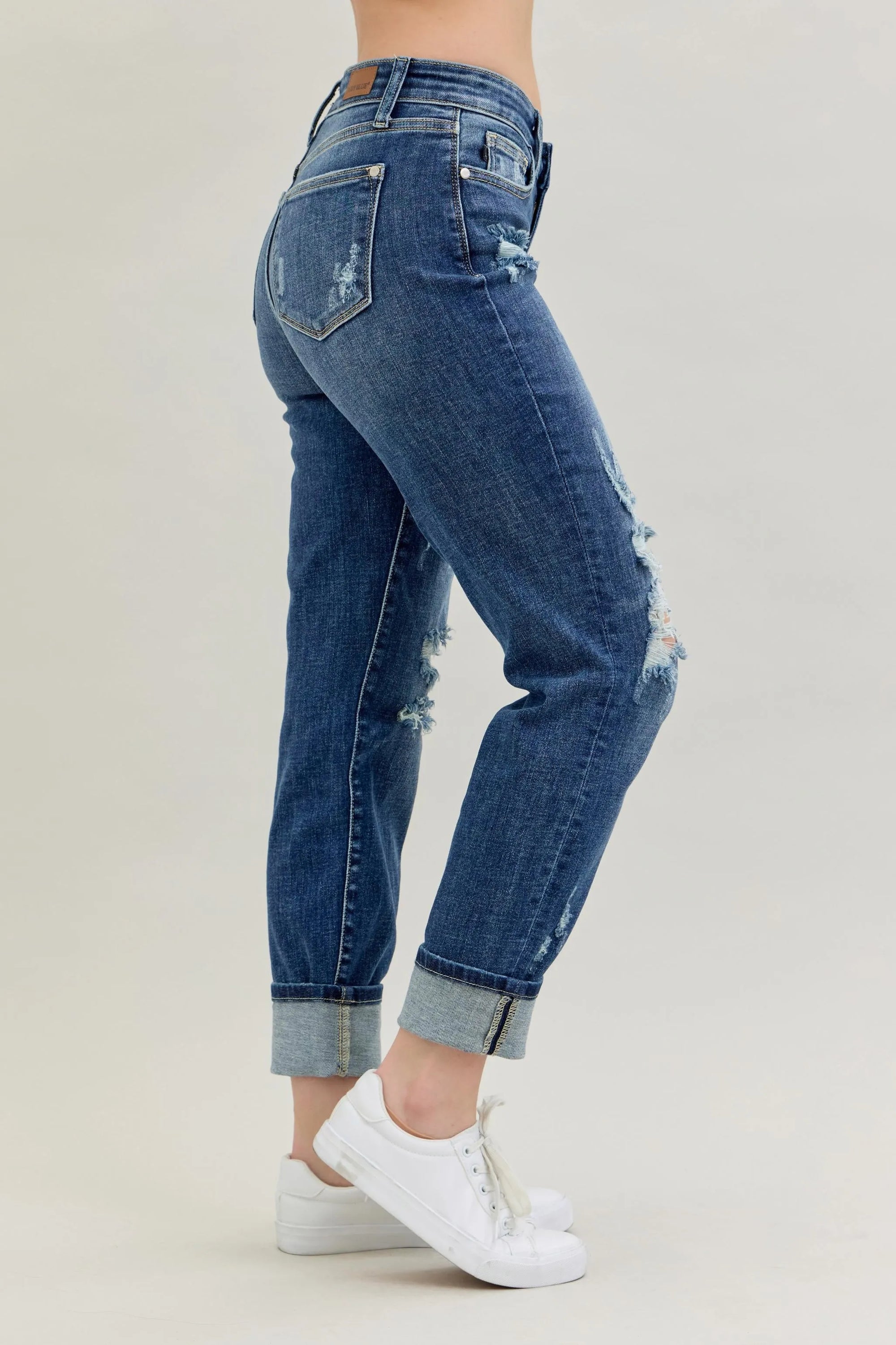 Judy Blue Full Size Mid Rise Cuffed Destroy Bf Jeans Plus Size - LoveNest Treasures