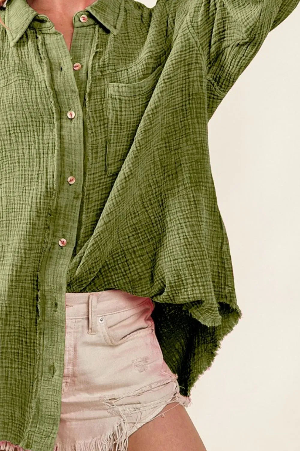 BiBi Raw Edge Detailed Mineral Washed Loose Fit Shirt - LoveNest Treasures