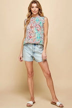 Lime 'N' Chili Full Size Graphic Print Ruffle Trim Mock Neck Sleeveless Top Plus Size - LoveNest Treasures