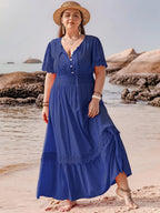 Plus Size Lace Detail Tie Neck Short Sleeve Maxi Dress - LoveNest Treasures