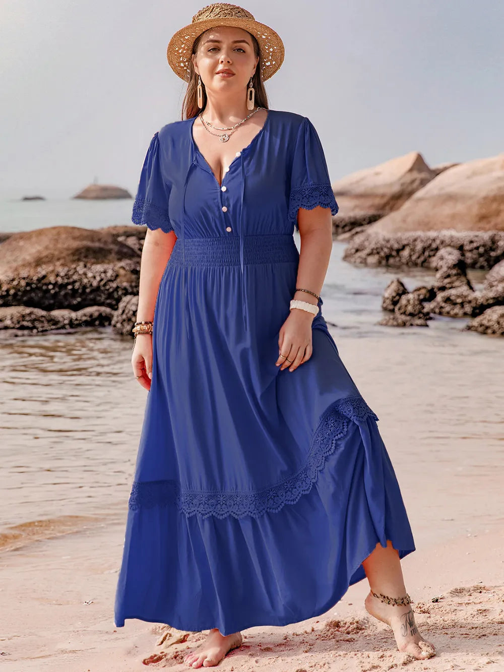 Plus Size Lace Detail Tie Neck Short Sleeve Maxi Dress - LoveNest Treasures