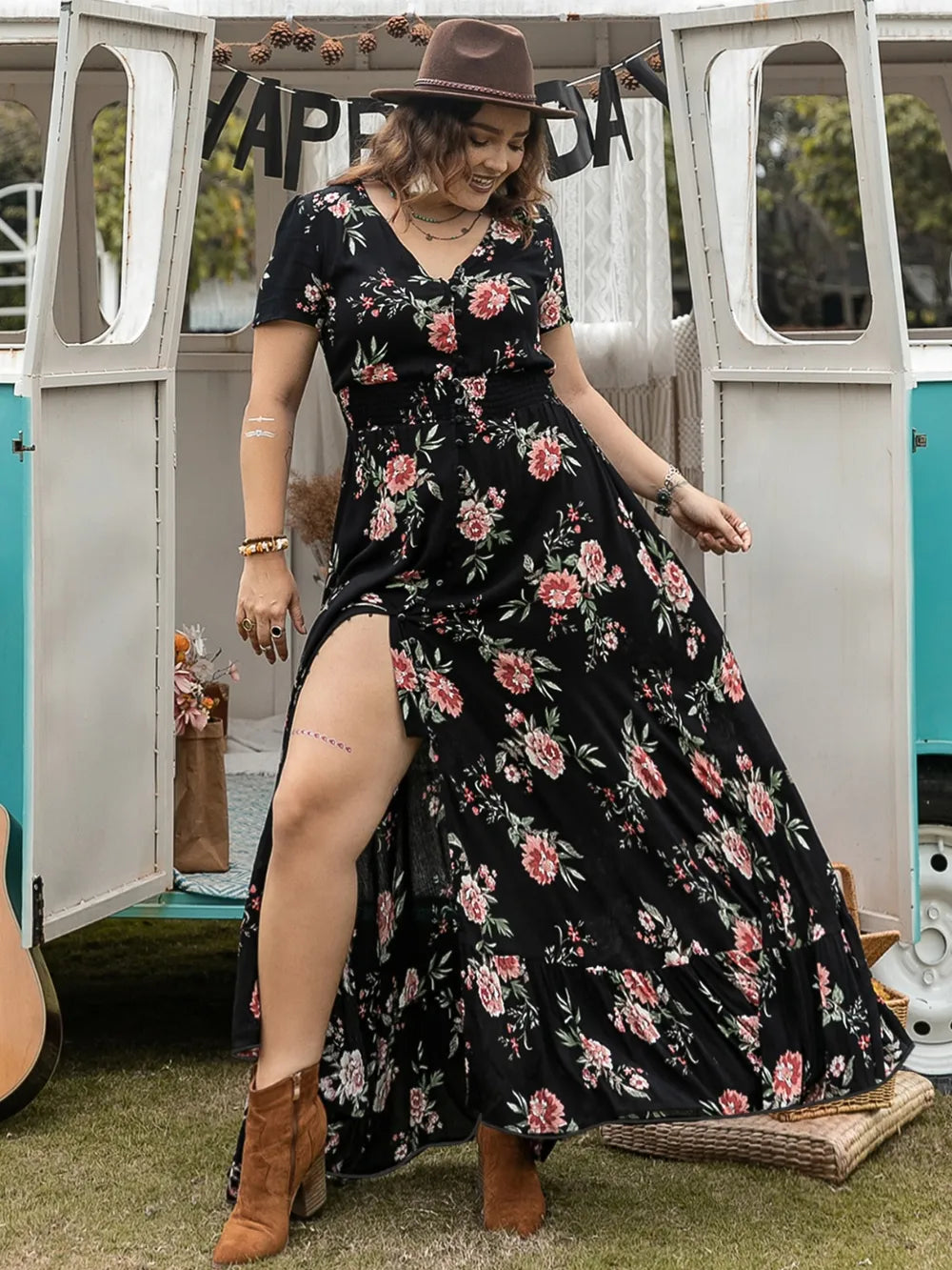Plus Size Button Detail Printed V-Neck Short Sleeve Maxi Dress - LoveNest Treasures