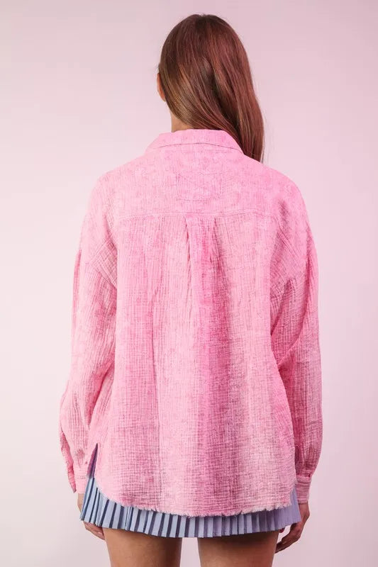 VERY J Full Size Mineral Washed Gauze Shirt Top Plus Size - LoveNest Treasures