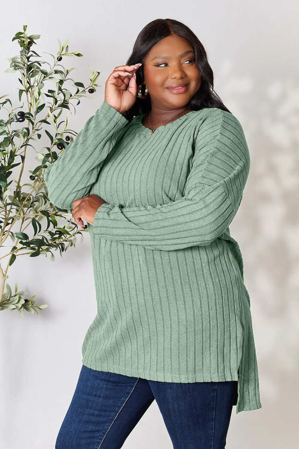 Basic Bae Full Size Ribbed Round Neck Long Sleeve Slit Top - LoveNest Treasures