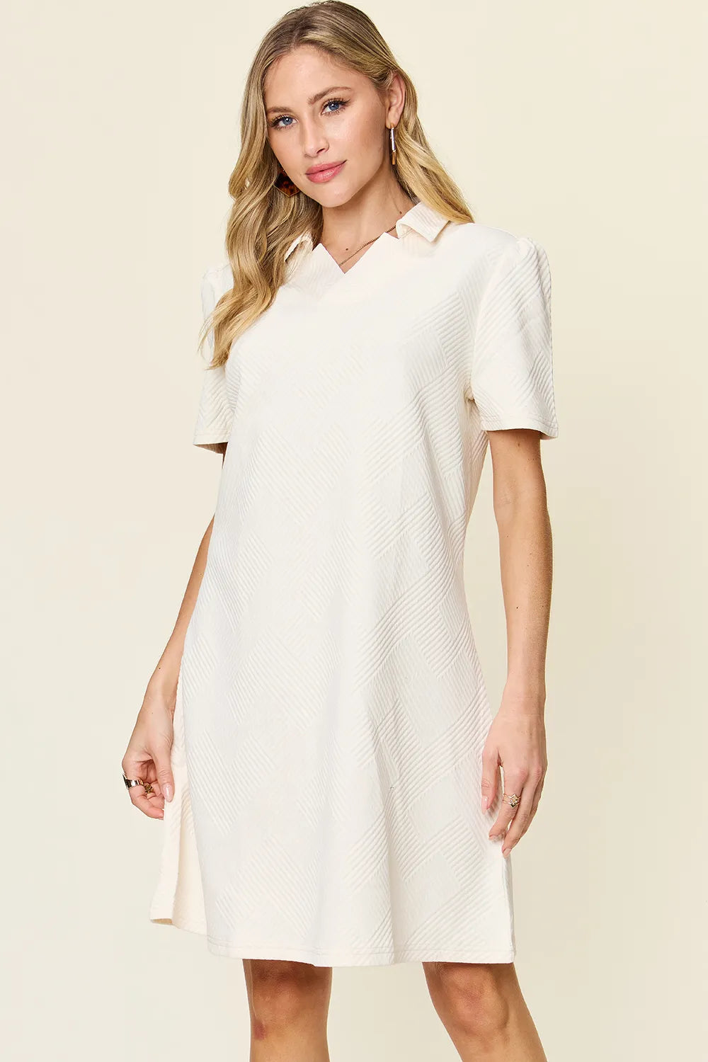 Double Take Full Size Texture Collared Neck Short Sleeve Dress - LoveNest Treasures