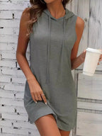Full Size Drawstring Casual Sleeveless Hooded Mini Dress Plus Size - LoveNest Treasures