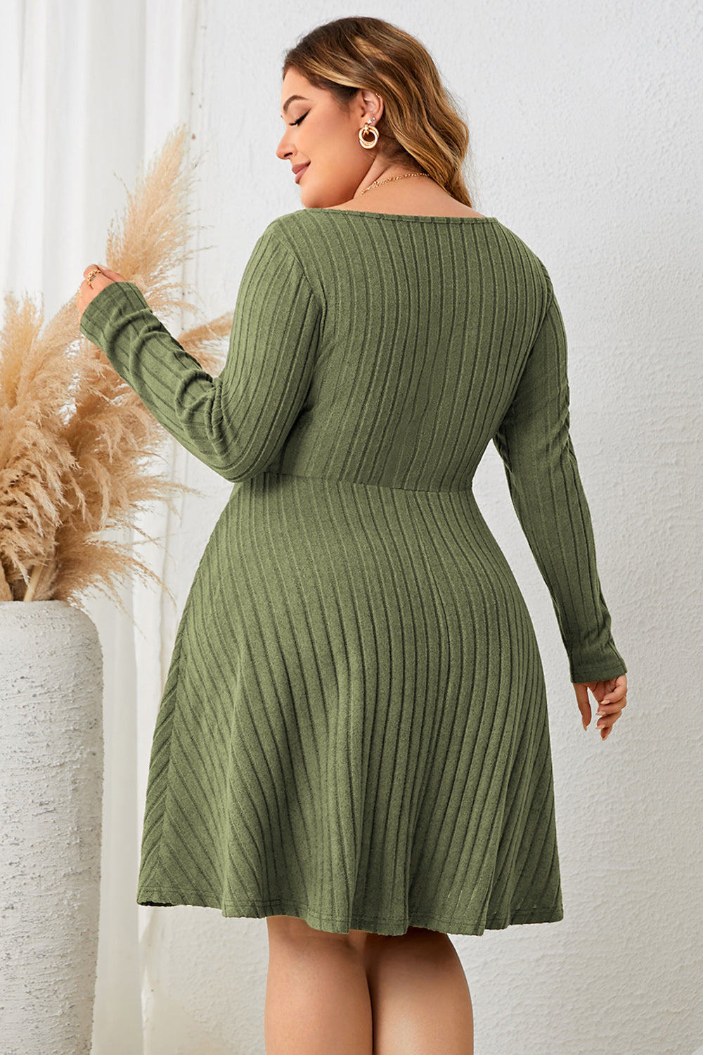 Honey Plus Size Sweetheart Neck Long Sleeve Ribbed Dress - LoveNest Treasures