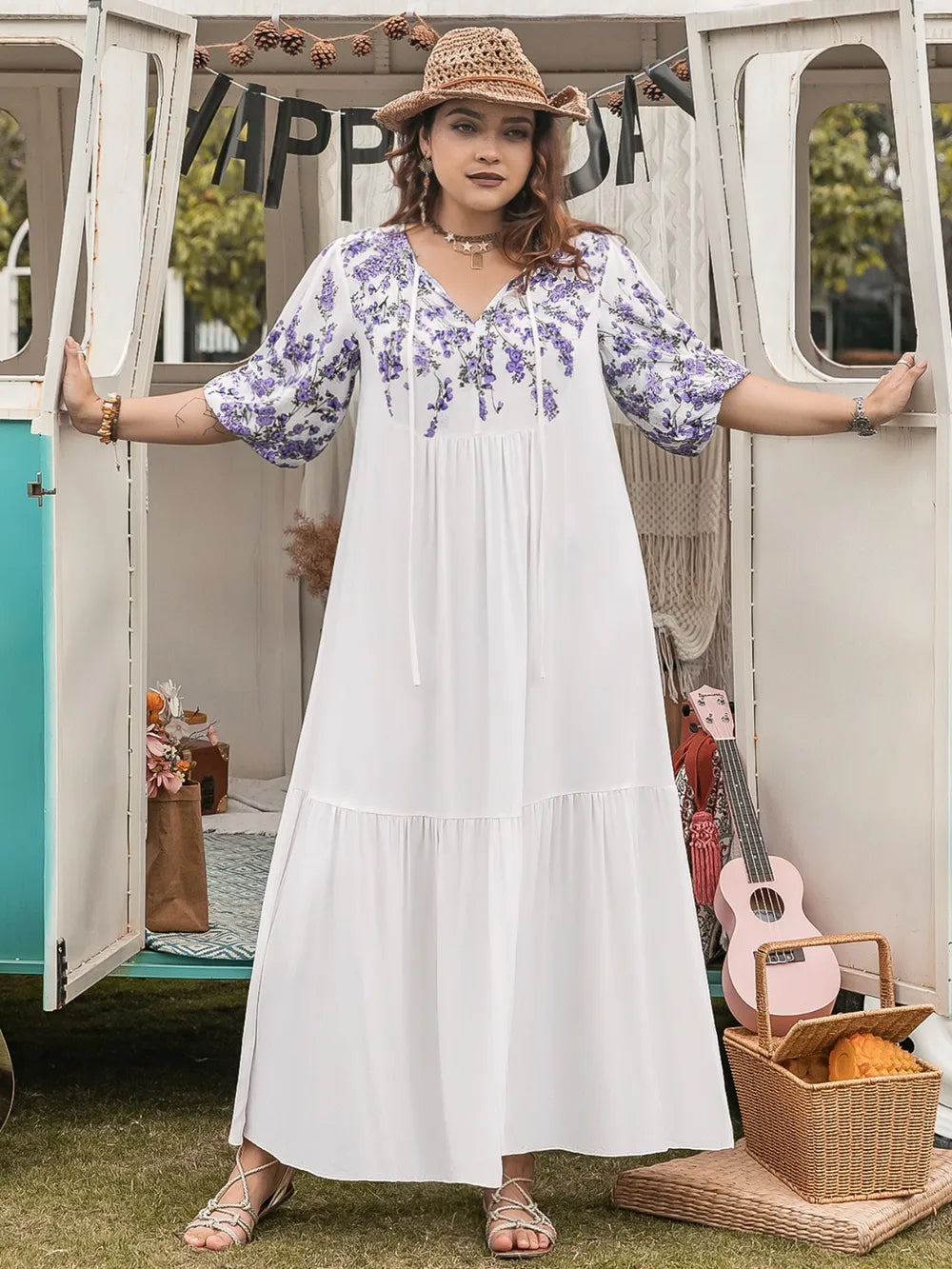 Plus Size Printed Tie Neck Half Sleeve Maxi Dress - LoveNest Treasures