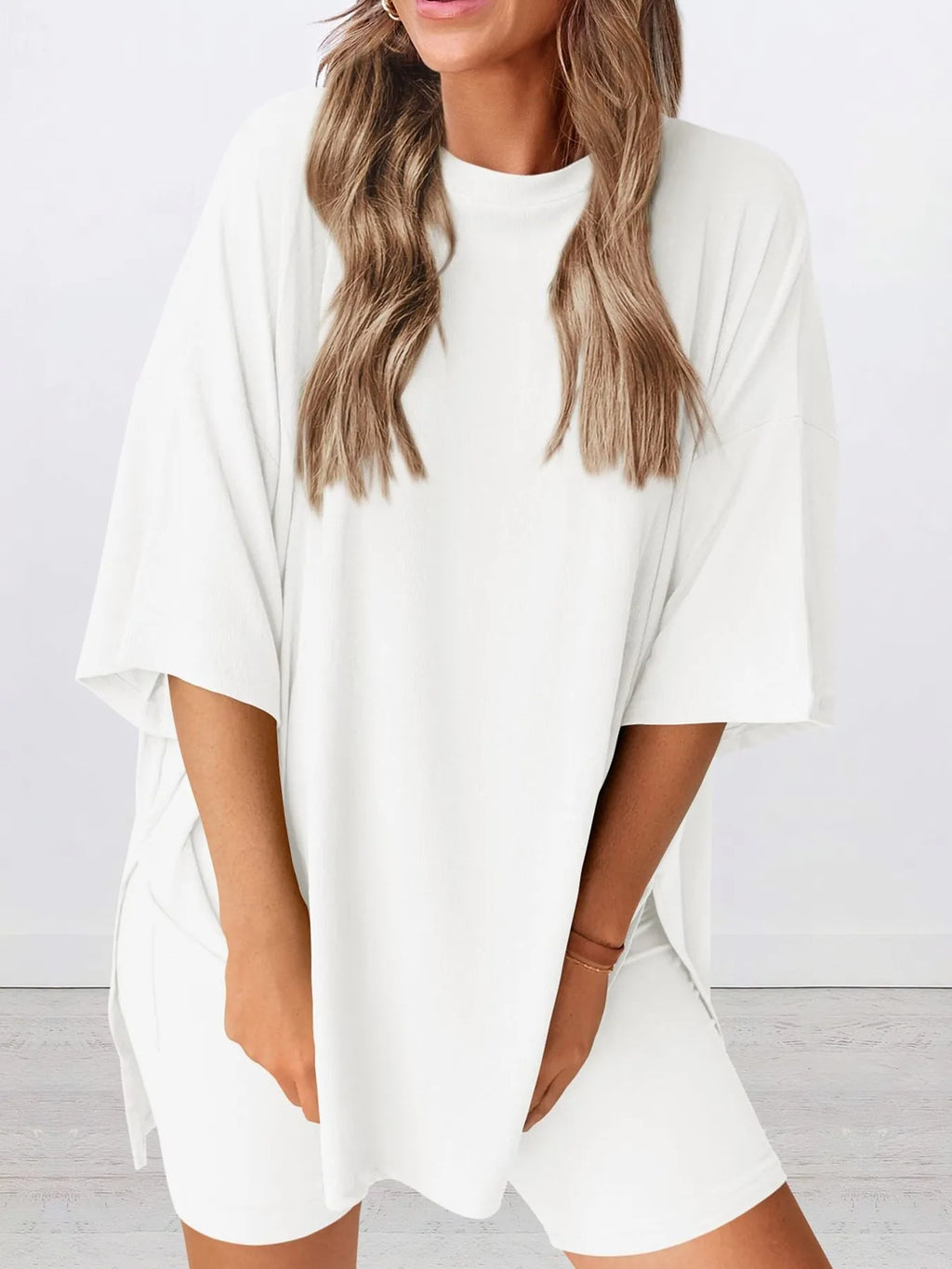 Full Size Oversized Round Neck Top and Shorts Set Plus Size - LoveNest Treasures