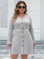 Plus Size Ribbed Buttoned V-Neck Long Sleeve Dress - LoveNest Treasures