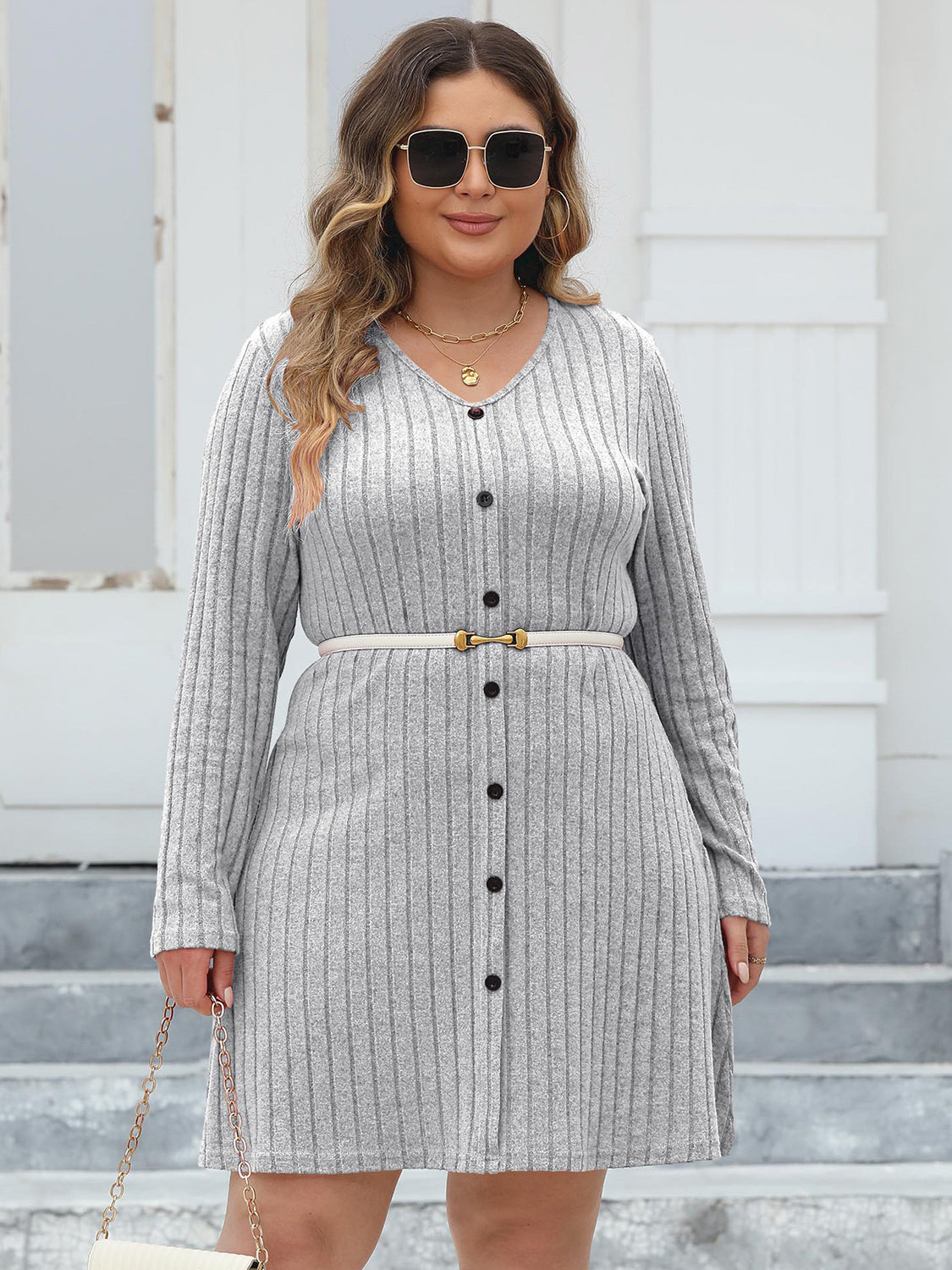 Plus Size Ribbed Buttoned V-Neck Long Sleeve Dress - LoveNest Treasures