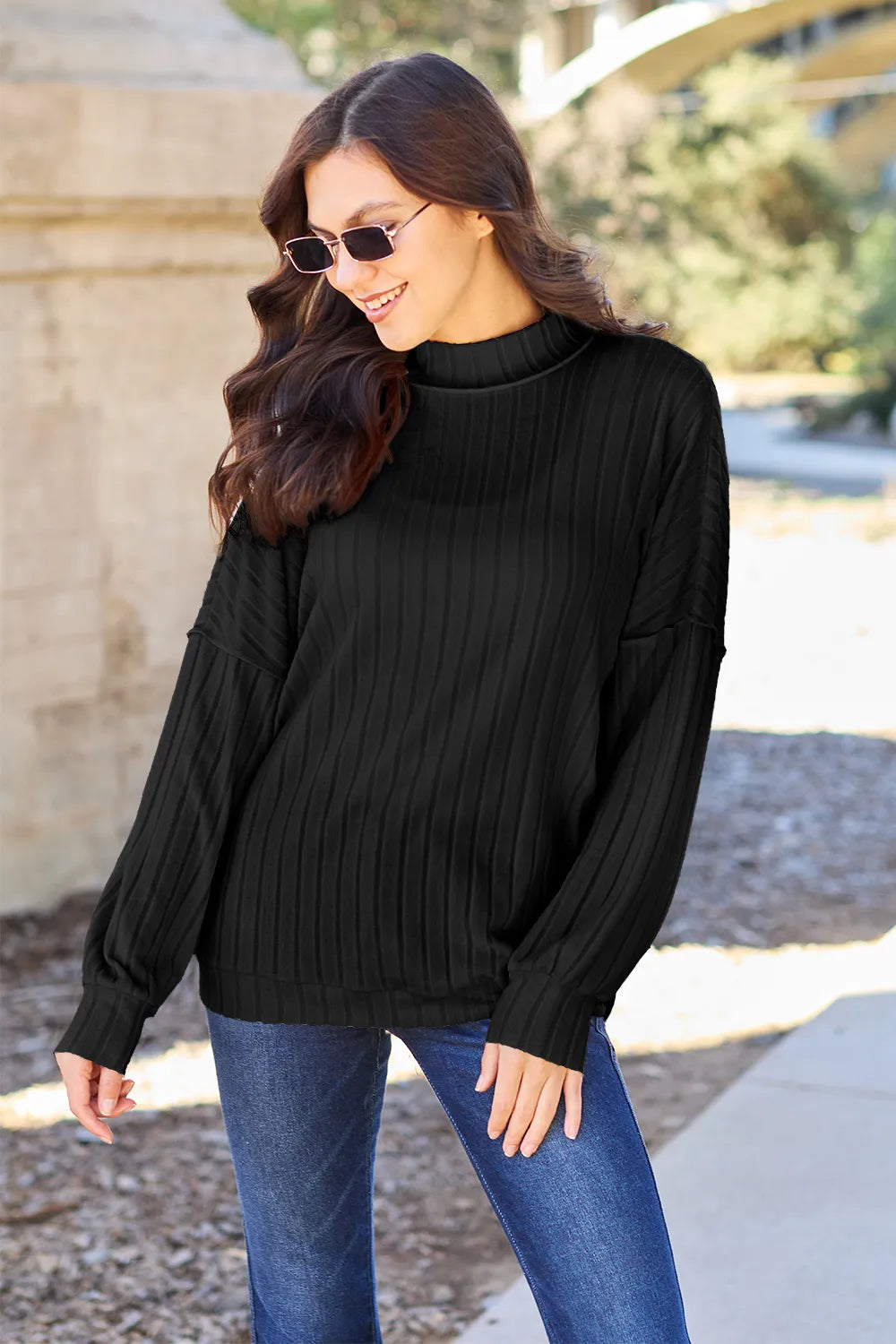 Basic Bae Full Size Ribbed Exposed Seam Mock Neck Knit Top - LoveNest Treasures