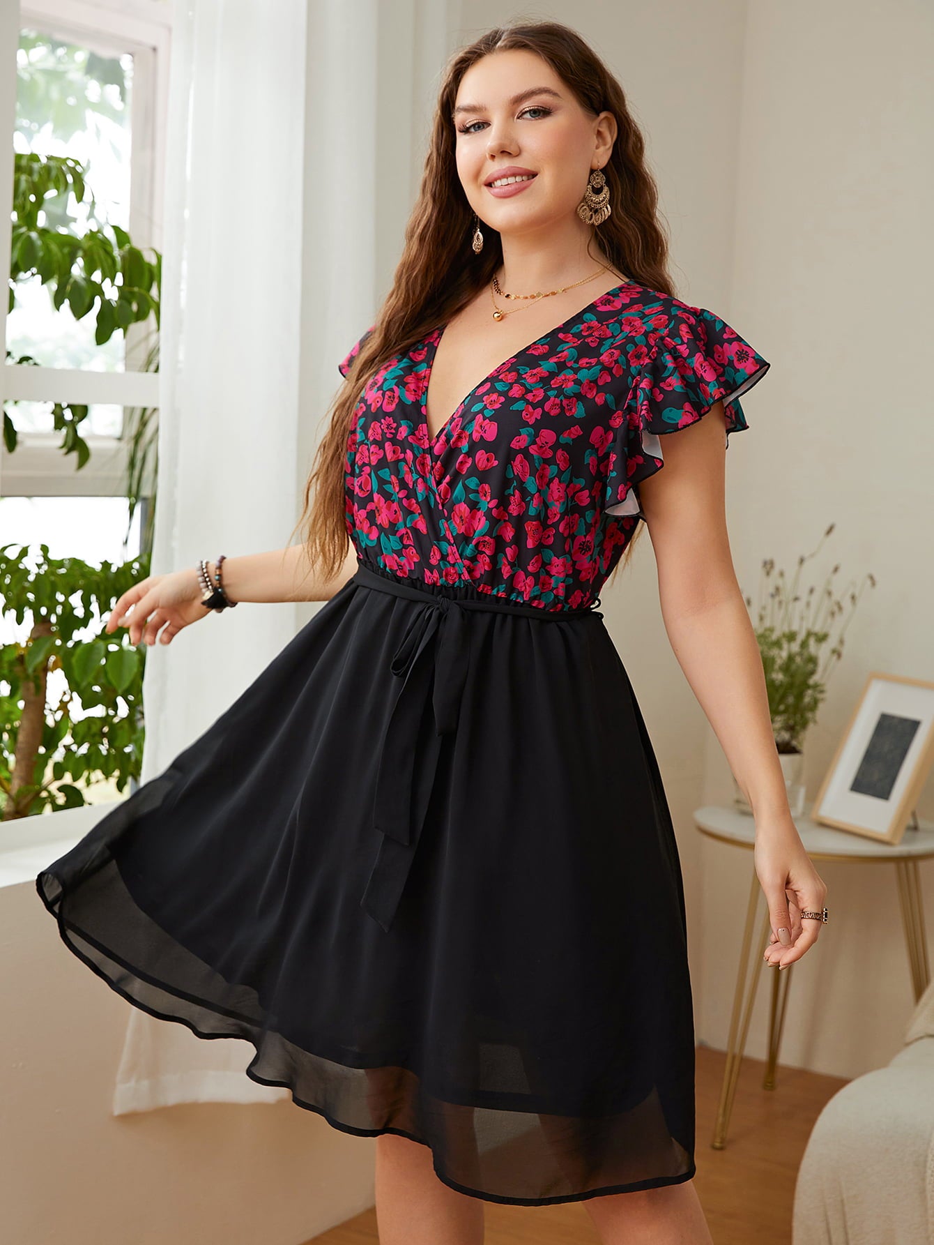 Honey Plus Size Floral Surplice Neck Flutter Sleeve Dress - LoveNest Treasures