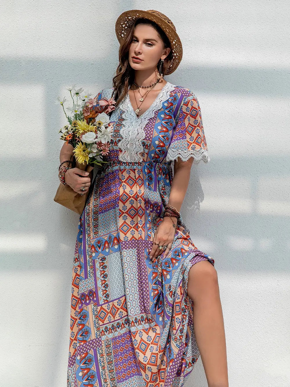 Plus Size Printed Lace Detail Short Sleeve Dress - LoveNest Treasures