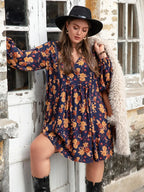 Plus Size Floral V-Neck Balloon Sleeve Dress - LoveNest Treasures