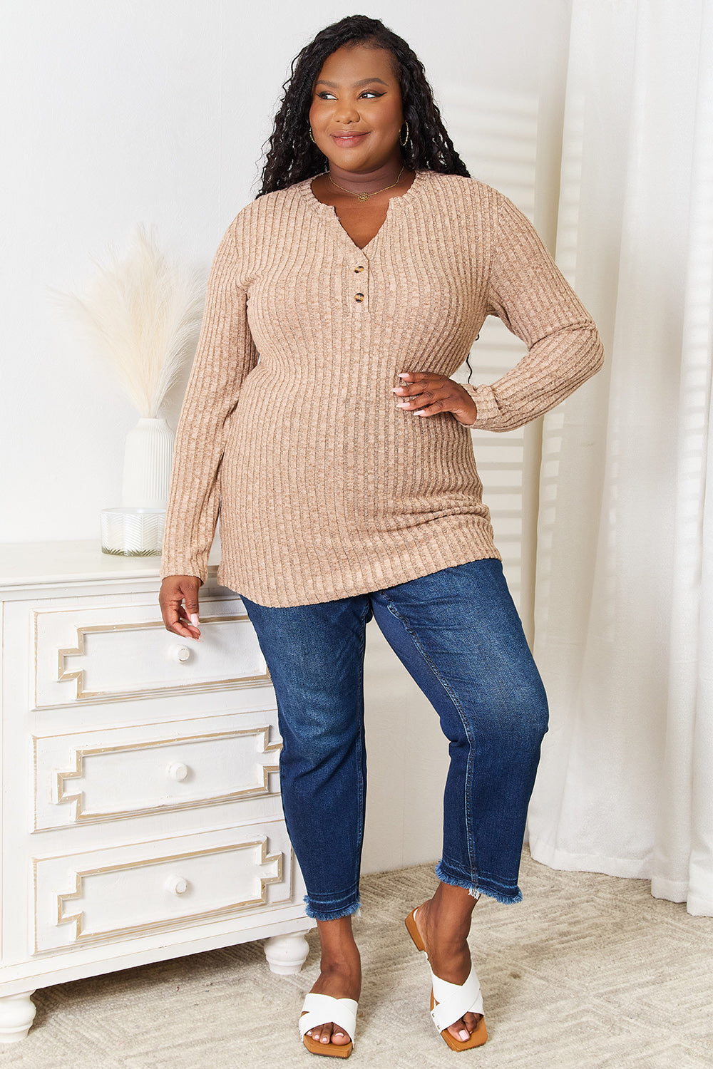 Double Take Notched Neck Ribbed Long Sleeve T-Shirt - LoveNest Treasures