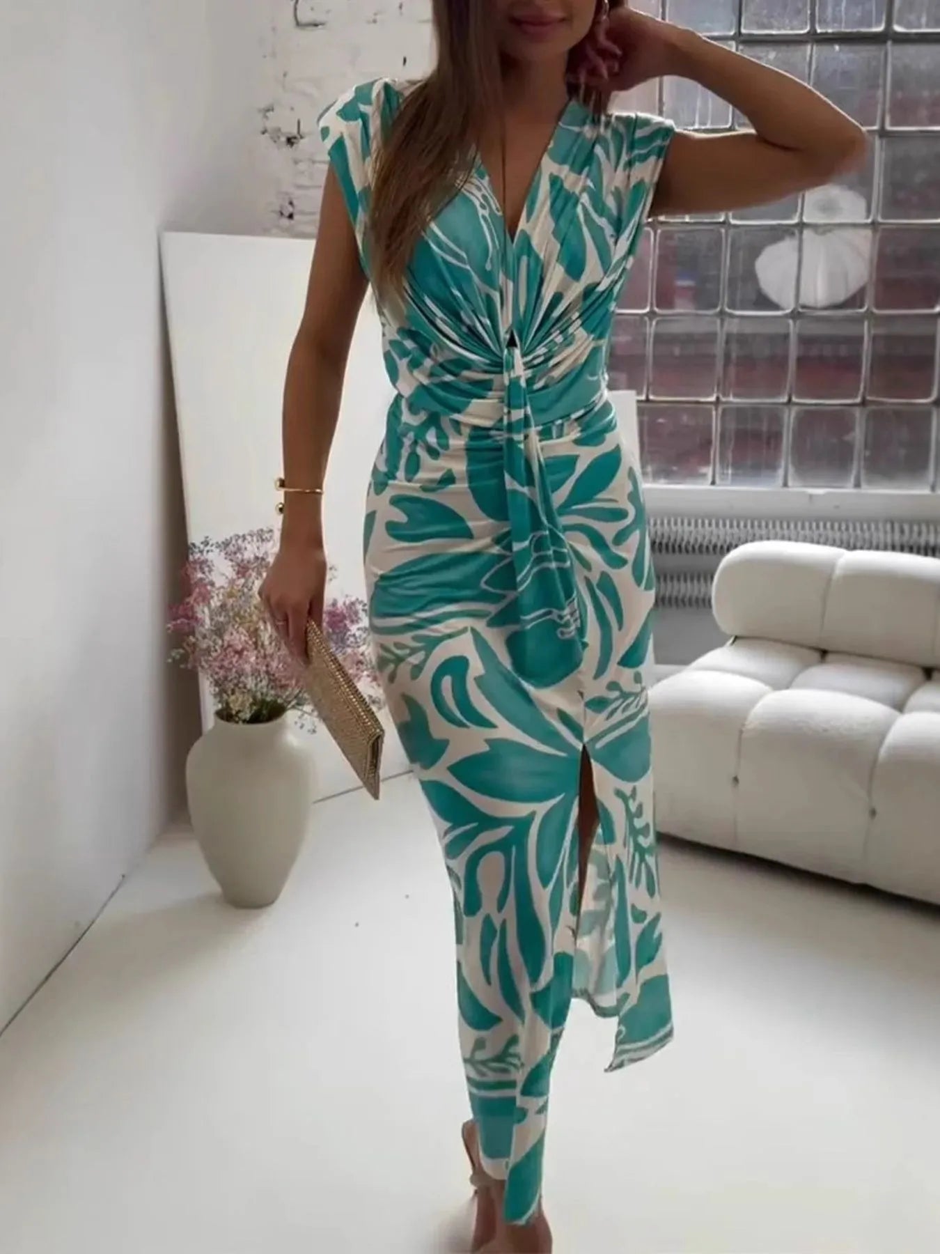 Full Size Slit Printed V-Neck Midi Dress Plus Size - LoveNest Treasures