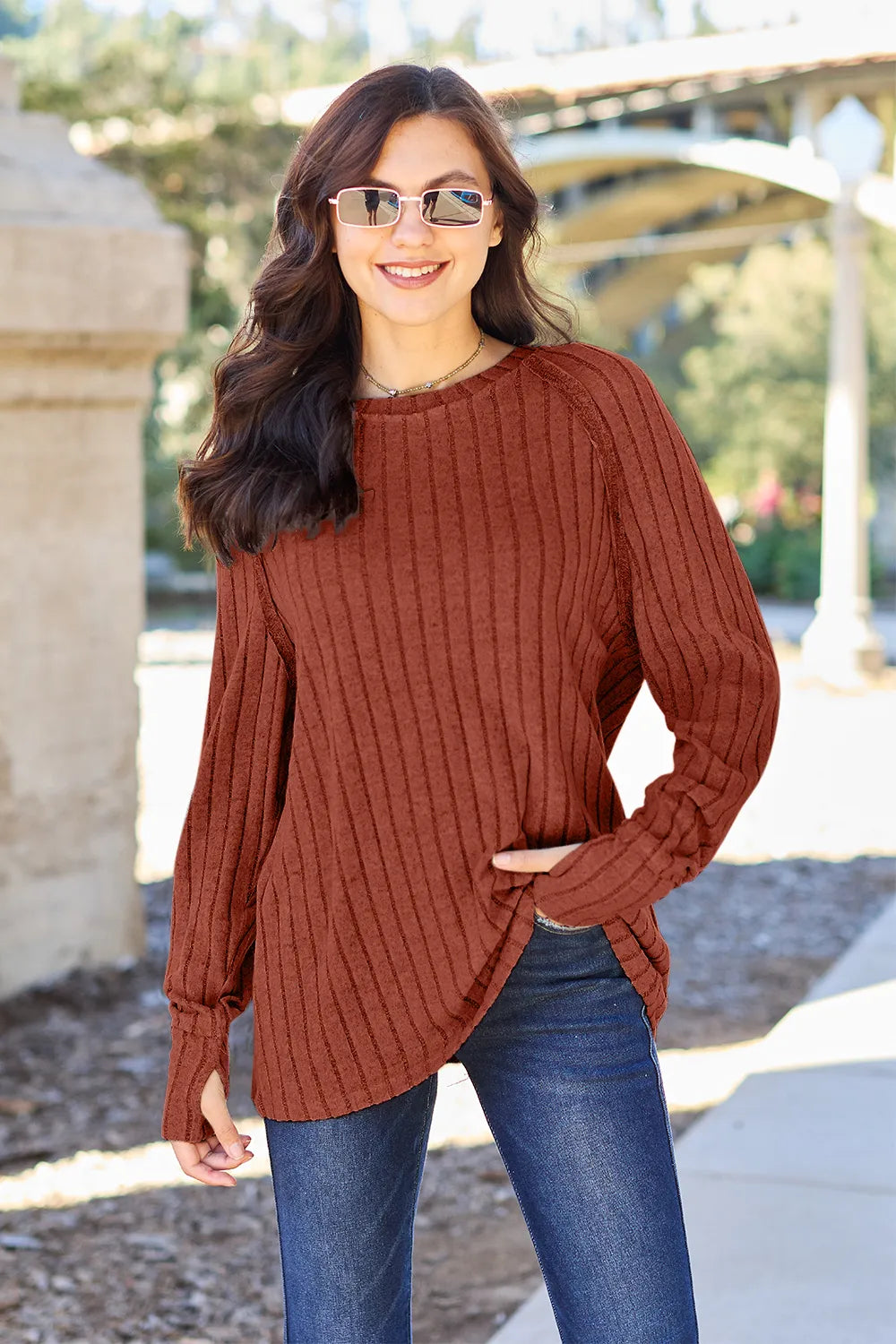 Basic Bae Full Size Ribbed Round Neck Long Sleeve Knit Top - LoveNest Treasures