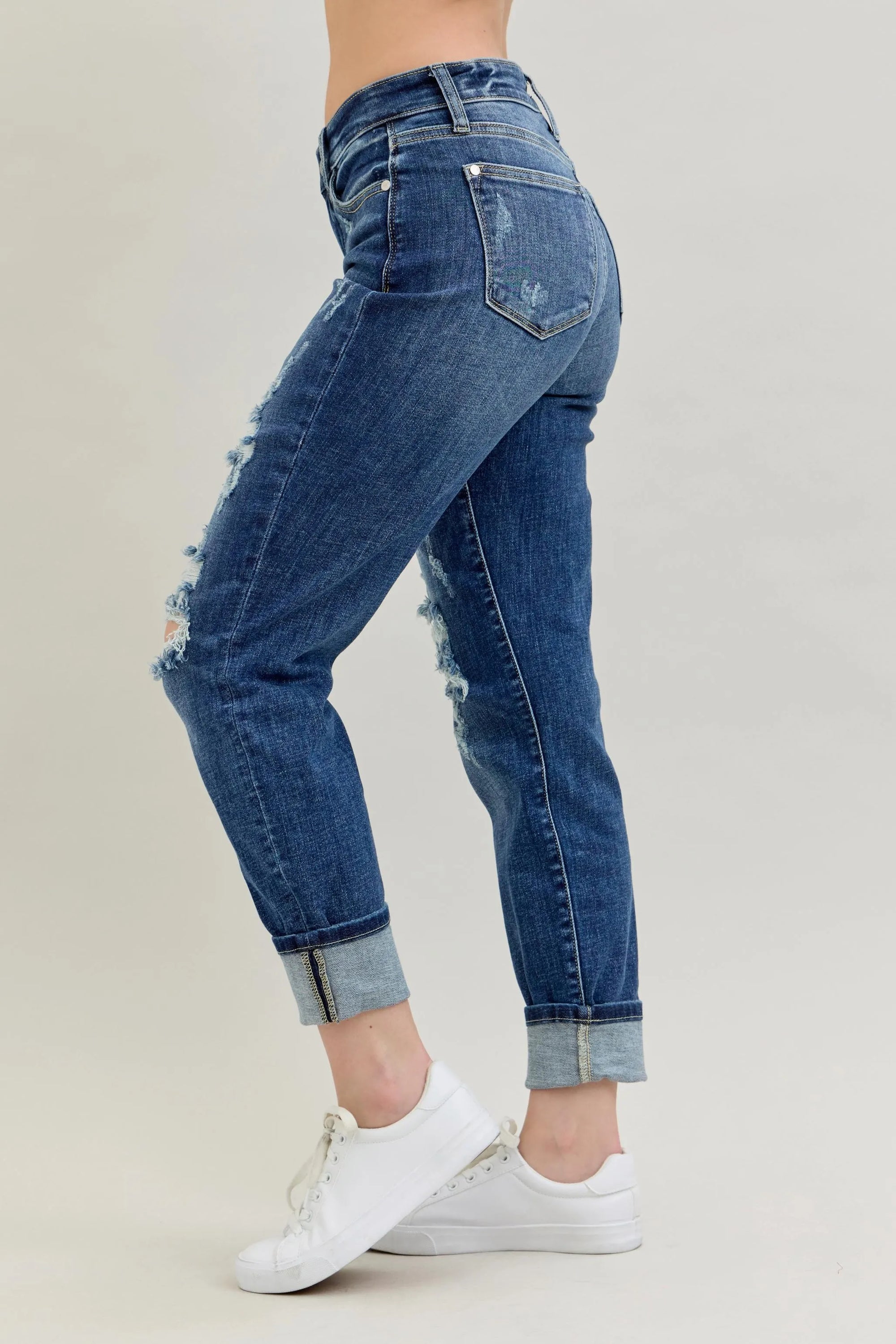 Judy Blue Full Size Mid Rise Cuffed Destroy Bf Jeans Plus Size - LoveNest Treasures
