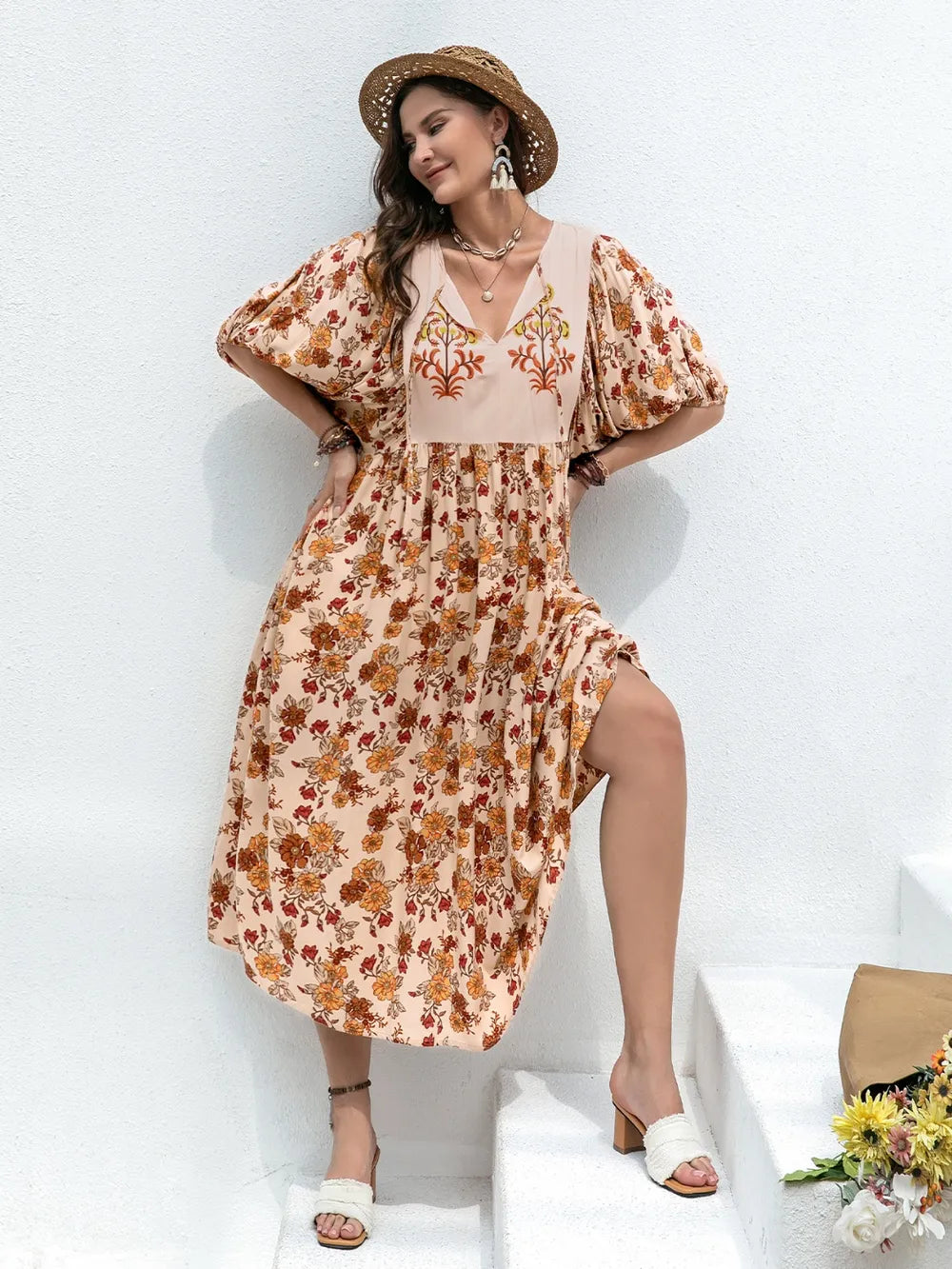 Plus Size Printed Tie Neck Half Sleeve Midi Dress - LoveNest Treasures