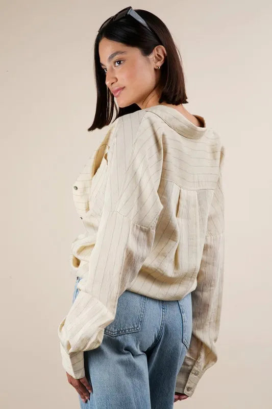 VERY J Full Size Oversized Striped Button Down Shirt Top Plus Size - LoveNest Treasures