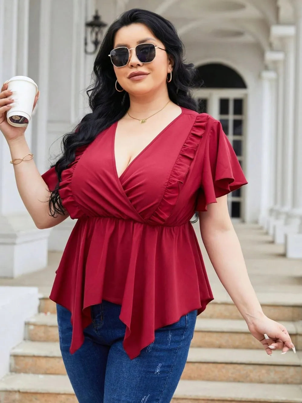 Plus Size Frill Surplice Flutter Sleeve Blouse - LoveNest Treasures