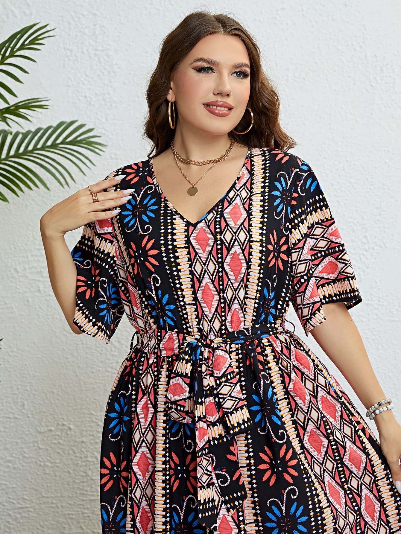 Honey Plus Size Bohemian V-Neck Tie Belt Midi Dress - LoveNest Treasures