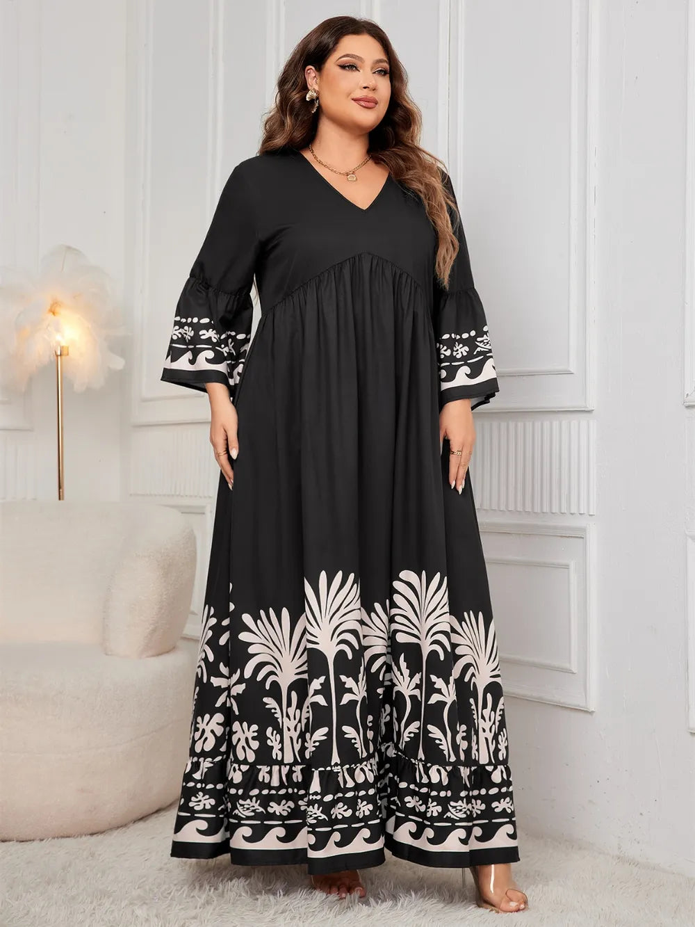 Honey Plus Size Printed V-Neck Long Sleeve Maxi Dress - LoveNest Treasures