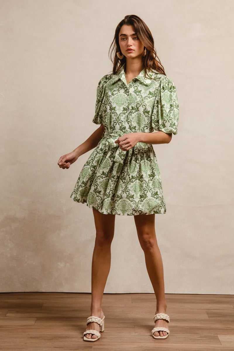 BiBi Tied Floral Short Sleeve Mini Shirt Dress - LoveNest Treasures