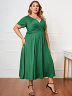 Honey Plus Size Short Sleeve Surplice Neck Midi Dress - LoveNest Treasures