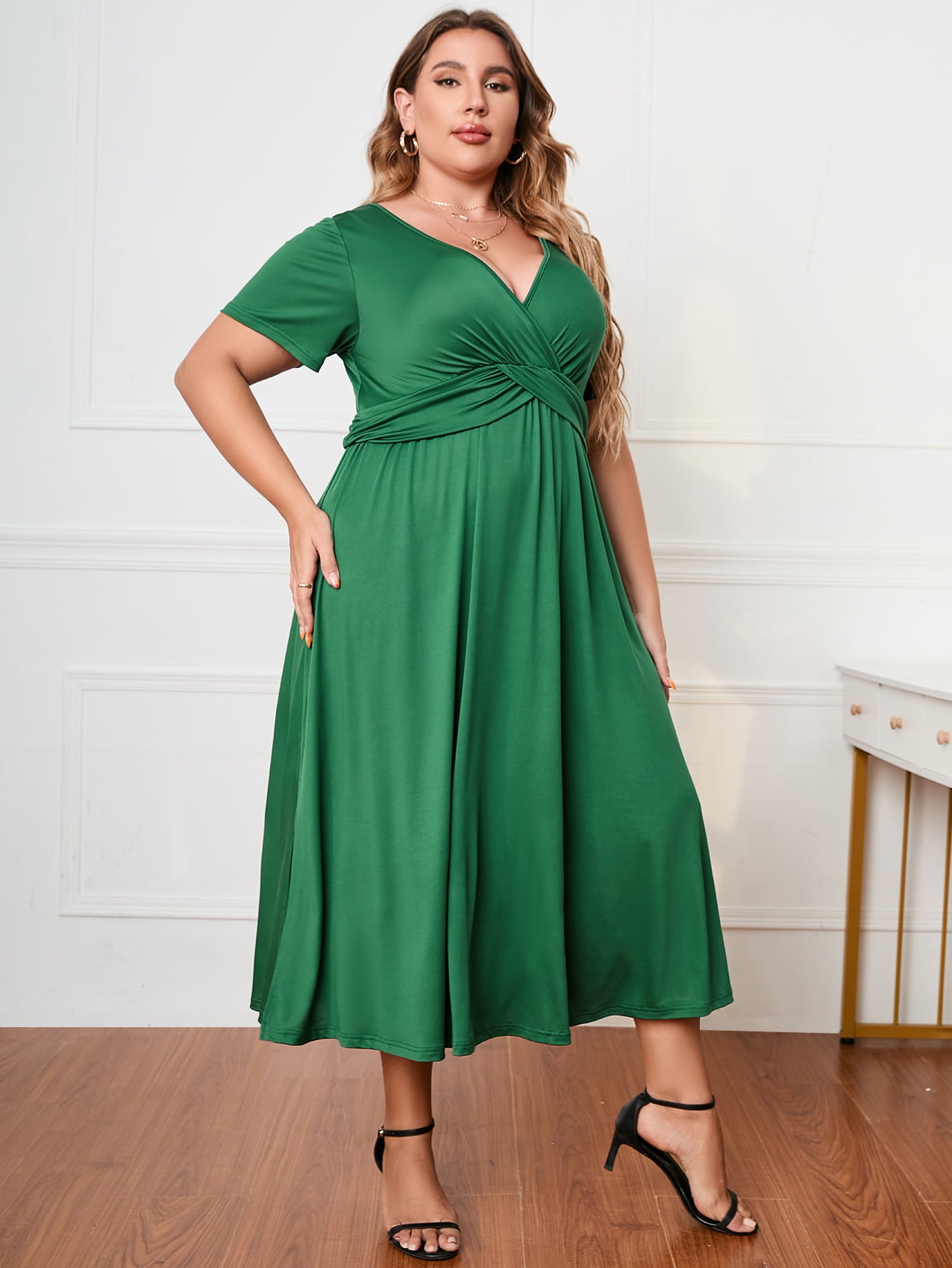 Honey Plus Size Short Sleeve Surplice Neck Midi Dress - LoveNest Treasures