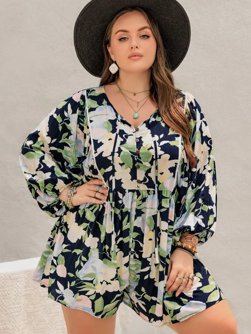 Plus Size Tied Printed Long Sleeve Romper - LoveNest Treasures