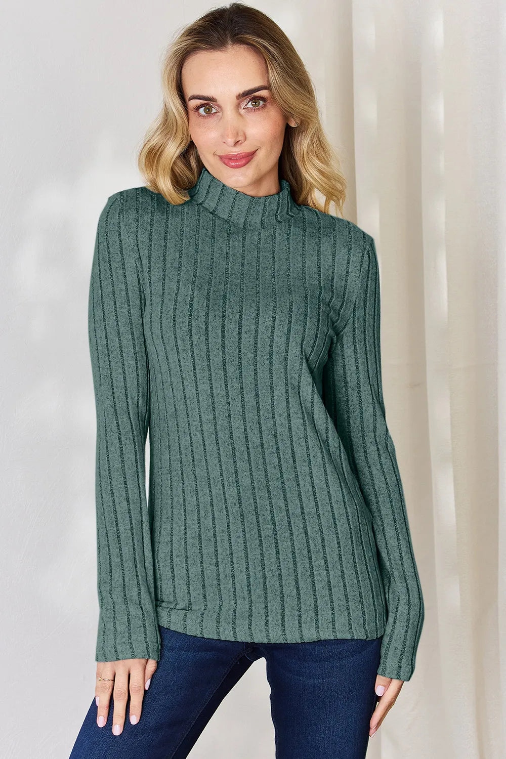 Basic Bae Full Size Ribbed Mock Neck Long Sleeve T-Shirt - LoveNest Treasures