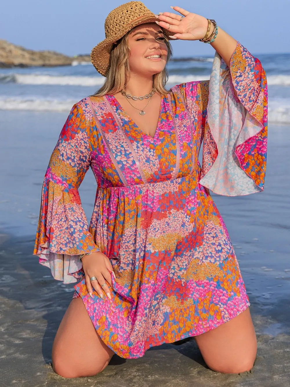 Plus Size Ruched Printed Long Sleeve Dress - LoveNest Treasures