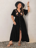 Plus Size Embroidered V-Neck Flutter Sleeve Maxi Dress - LoveNest Treasures