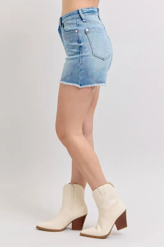 Judy Blue Full Size High Waist Western Embroidery Detail Cut Off Denim Shorts Plus Size - LoveNest Treasures