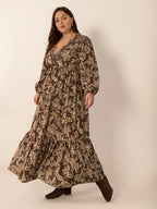 Plus Size Printed V-Neck Balloon Sleeve Maxi Dress - LoveNest Treasures
