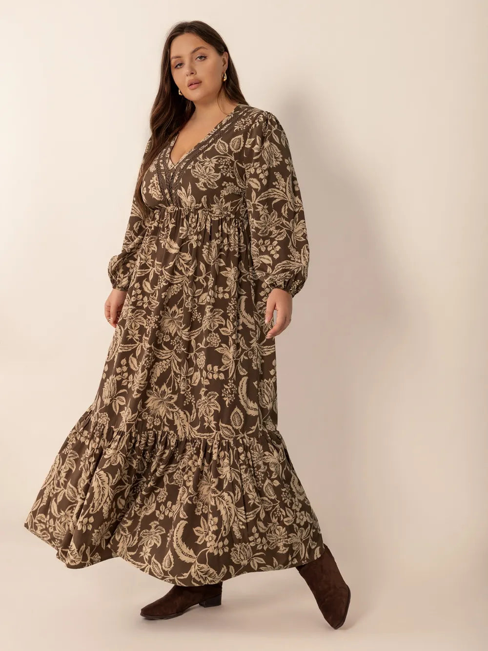 Plus Size Printed V-Neck Balloon Sleeve Maxi Dress - LoveNest Treasures