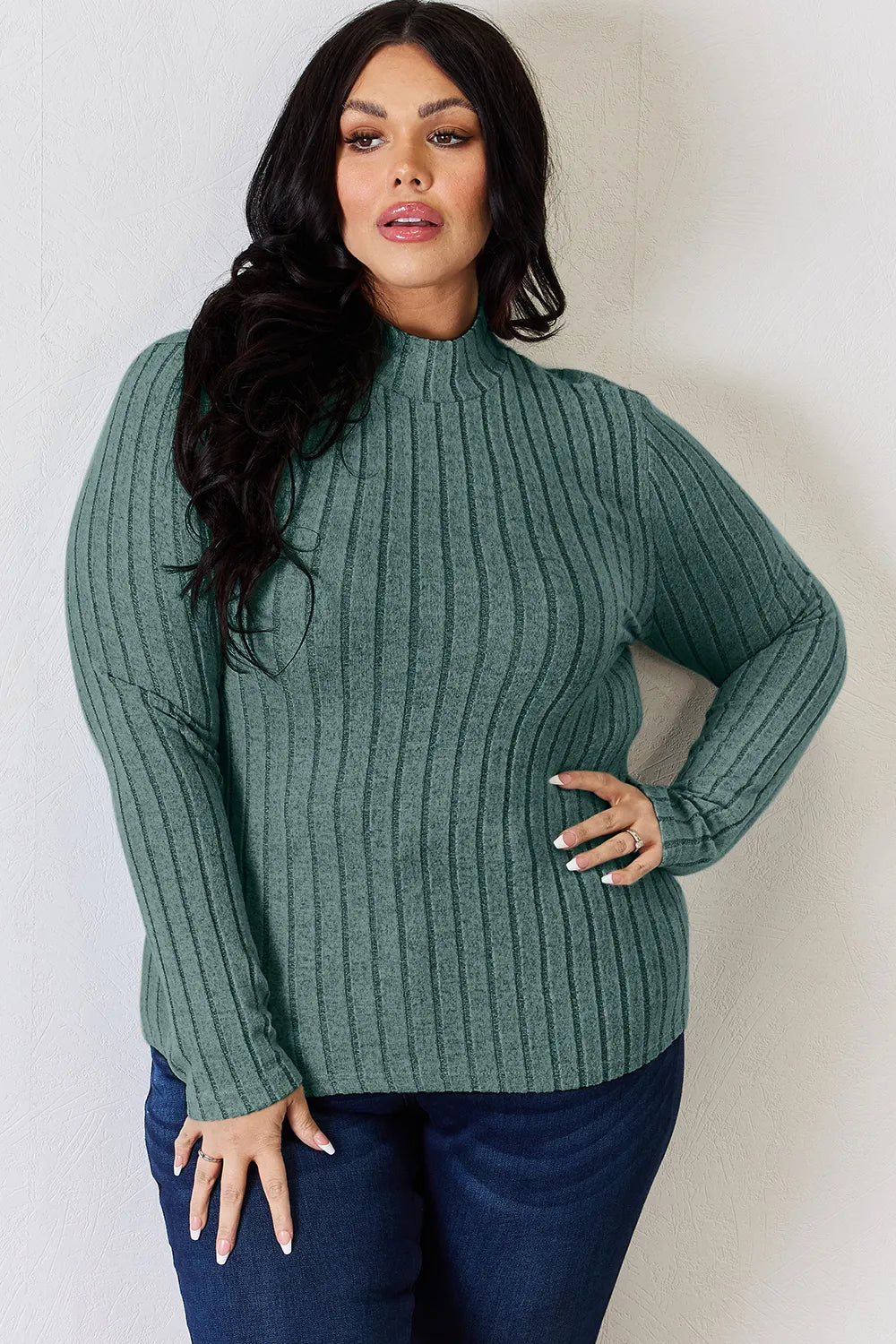 Basic Bae Full Size Ribbed Mock Neck Long Sleeve T-Shirt - LoveNest Treasures