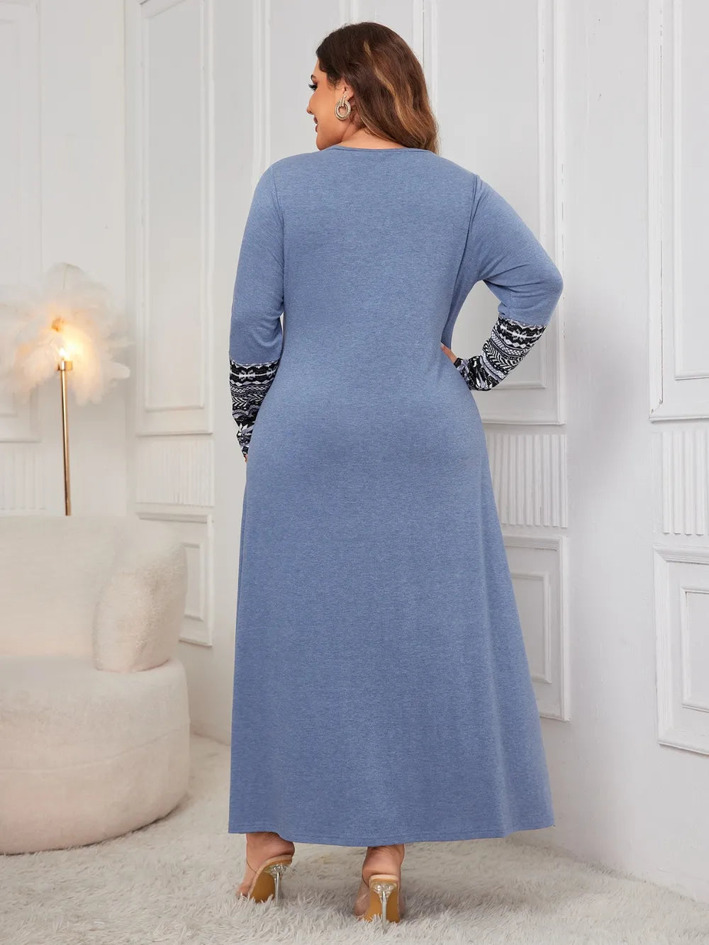 Honey Plus Size Printed Round Neck Long Sleeve Dress - LoveNest Treasures
