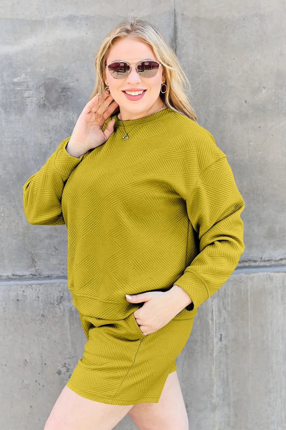 Double Take Full Size Texture Long Sleeve Top and Drawstring Shorts Set - LoveNest Treasures