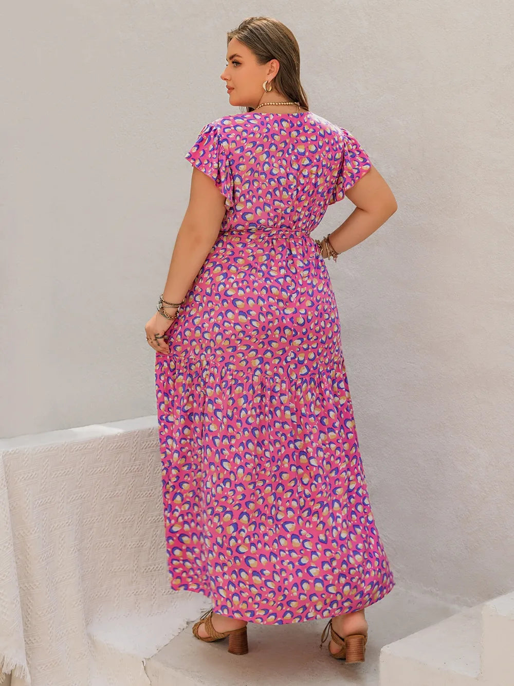 Plus Size Printed V-Neck Flutter Sleeve Tie Waist Maxi Dress - LoveNest Treasures