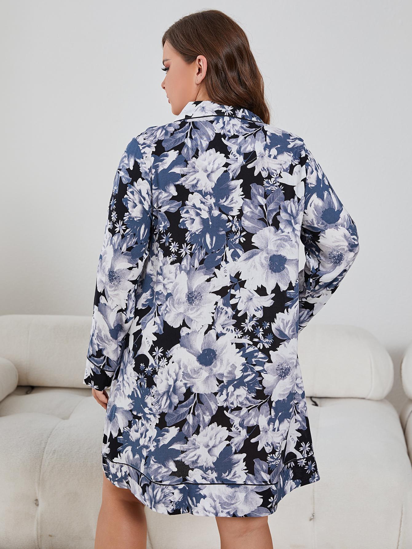 Plus Size Floral Lapel Collar Long Sleeve Night Dress - LoveNest Treasures